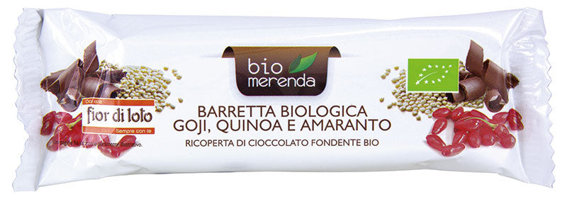 Barretta goji, quinoa e amaranto ricoperta di cioccolato fondente Biomerenda